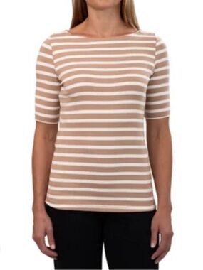 Ellen Tracy Boatneck Tee Extended Sleeves Tan and White Stripes Size Small